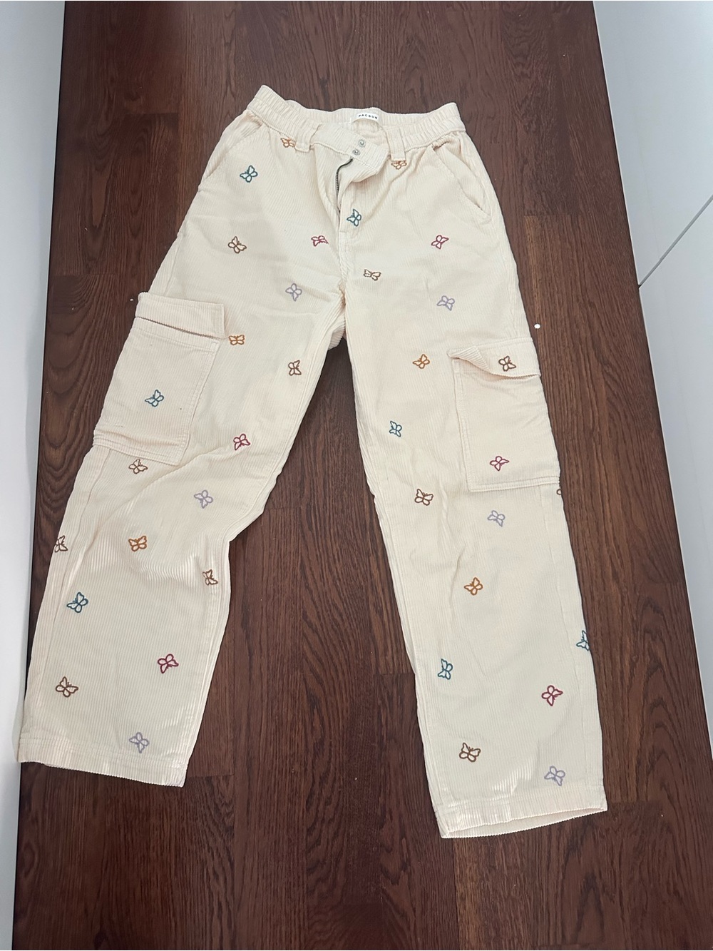 PacSun Cream Corduroy Cargo Pants with Multicolor Embroidery